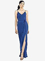 Rear View Thumbnail - Classic Blue Ruffled Back Chiffon Dress with Jeweled Sash