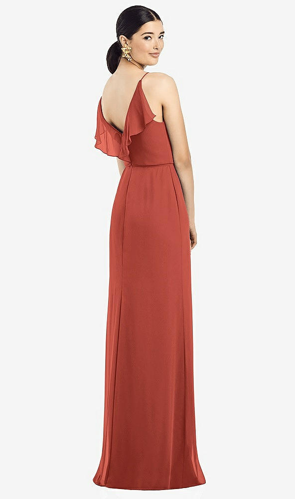 Front View - Amber Sunset Ruffled Back Chiffon Dress with Jeweled Sash