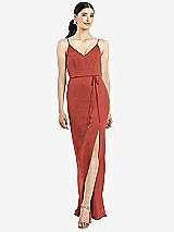 Rear View Thumbnail - Amber Sunset Ruffled Back Chiffon Dress with Jeweled Sash