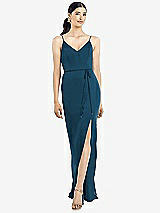 Rear View Thumbnail - Atlantic Blue Ruffled Back Chiffon Dress with Jeweled Sash