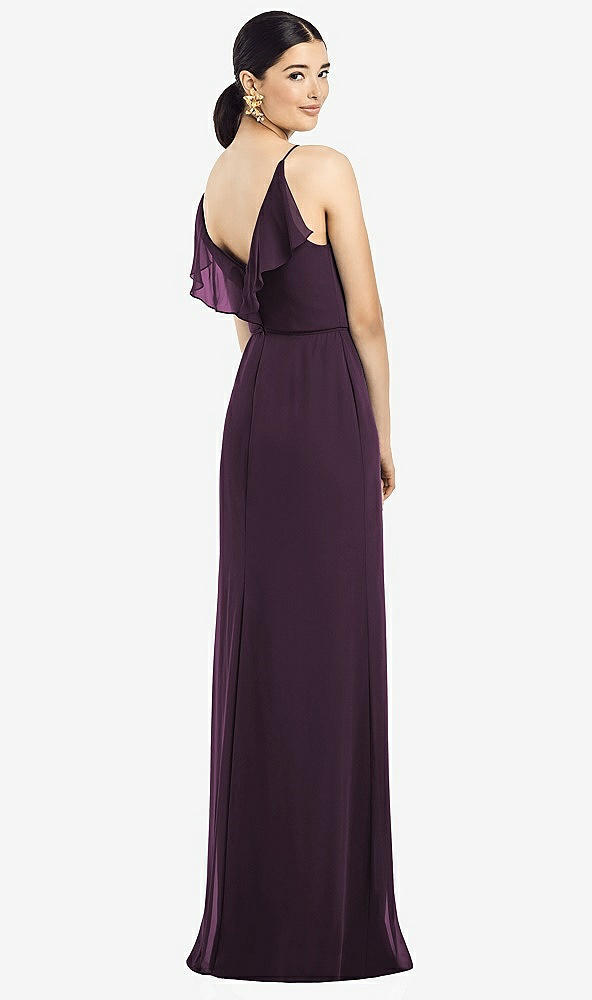 Front View - Aubergine Ruffled Back Chiffon Dress with Jeweled Sash