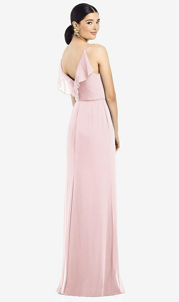 Front View - Ballet Pink Ruffled Back Chiffon Dress with Jeweled Sash