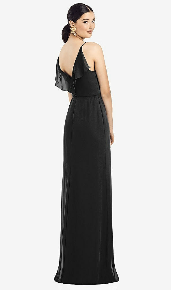 Front View - Black Ruffled Back Chiffon Dress with Jeweled Sash