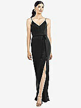 Rear View Thumbnail - Black Ruffled Back Chiffon Dress with Jeweled Sash