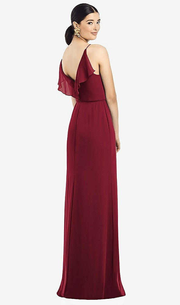 Front View - Burgundy Ruffled Back Chiffon Dress with Jeweled Sash