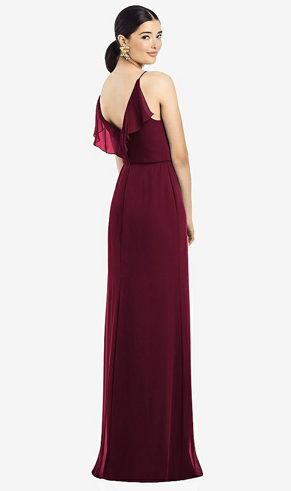 Front View - Cabernet Ruffled Back Chiffon Dress with Jeweled Sash