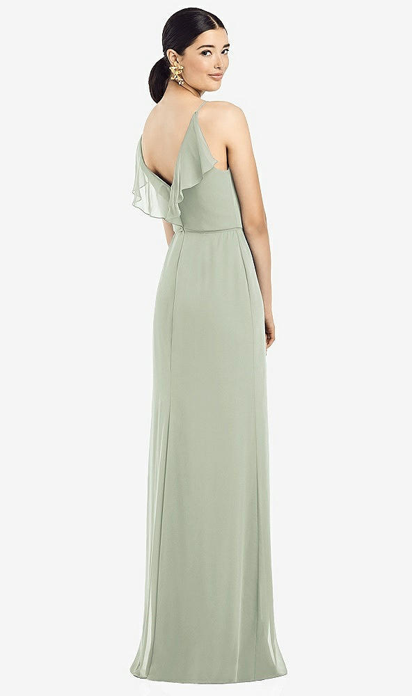 Front View - Celadon Ruffled Back Chiffon Dress with Jeweled Sash