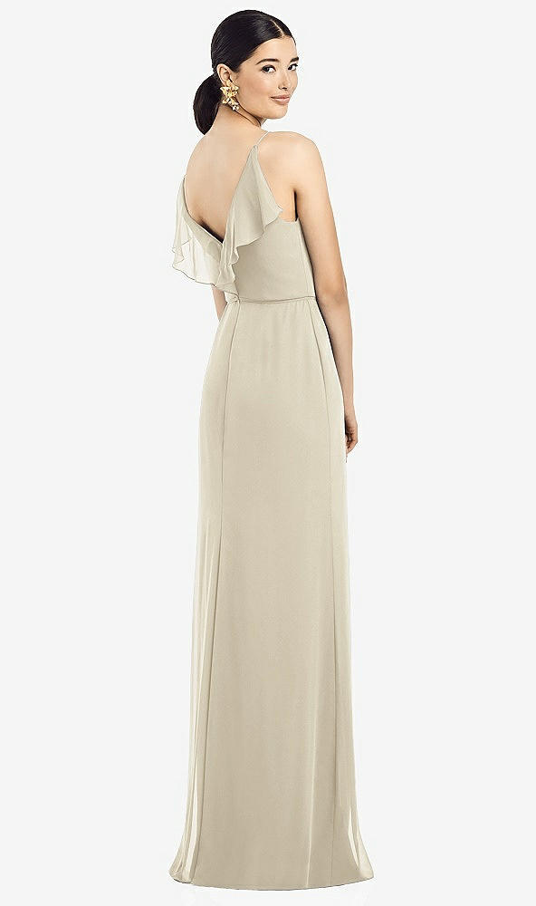 Front View - Champagne Ruffled Back Chiffon Dress with Jeweled Sash