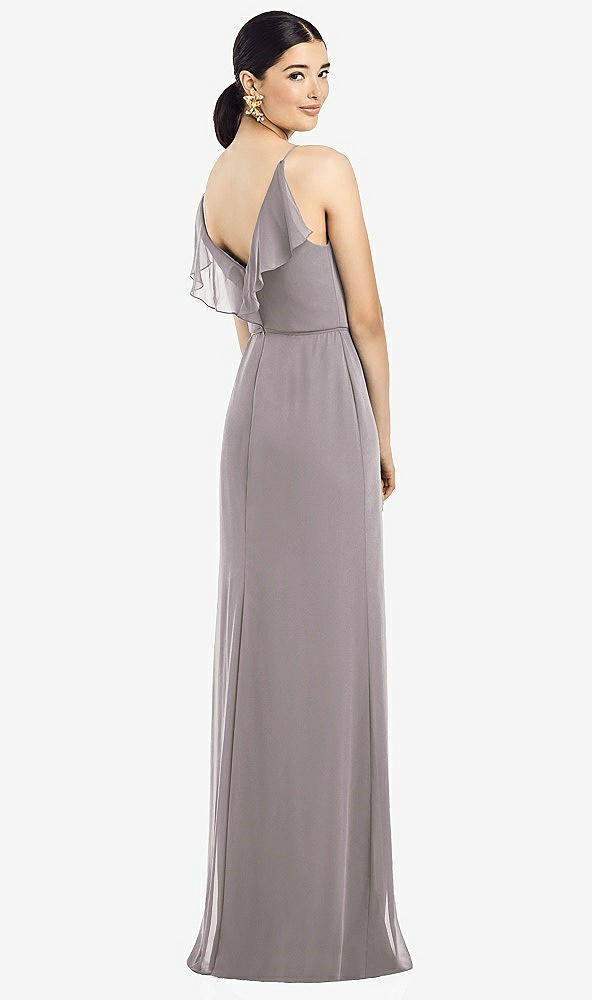 Front View - Cashmere Gray Ruffled Back Chiffon Dress with Jeweled Sash