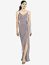 Rear View Thumbnail - Cashmere Gray Ruffled Back Chiffon Dress with Jeweled Sash