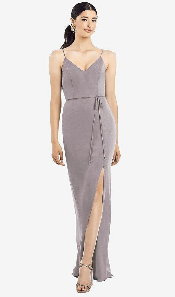 Back View - Cashmere Gray Ruffled Back Chiffon Dress with Jeweled Sash