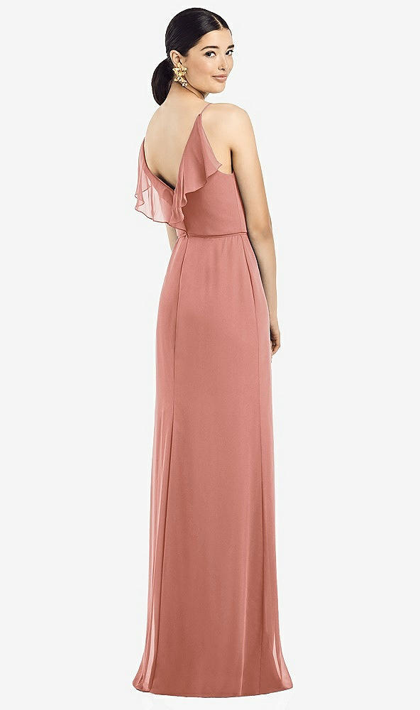 Front View - Desert Rose Ruffled Back Chiffon Dress with Jeweled Sash