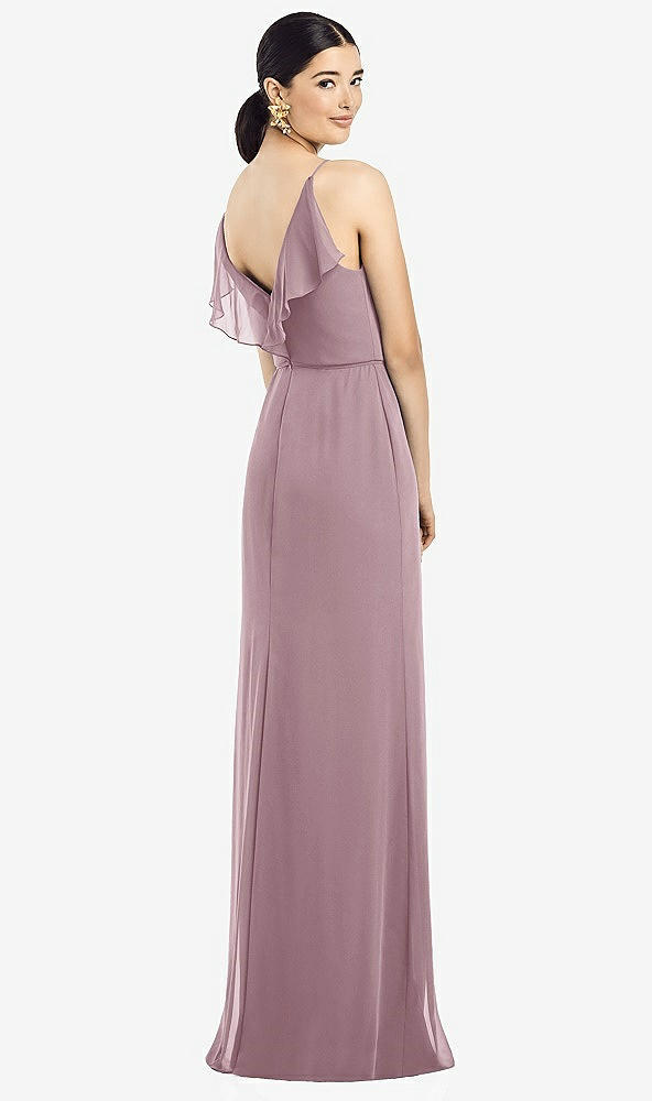 Front View - Dusty Rose Ruffled Back Chiffon Dress with Jeweled Sash