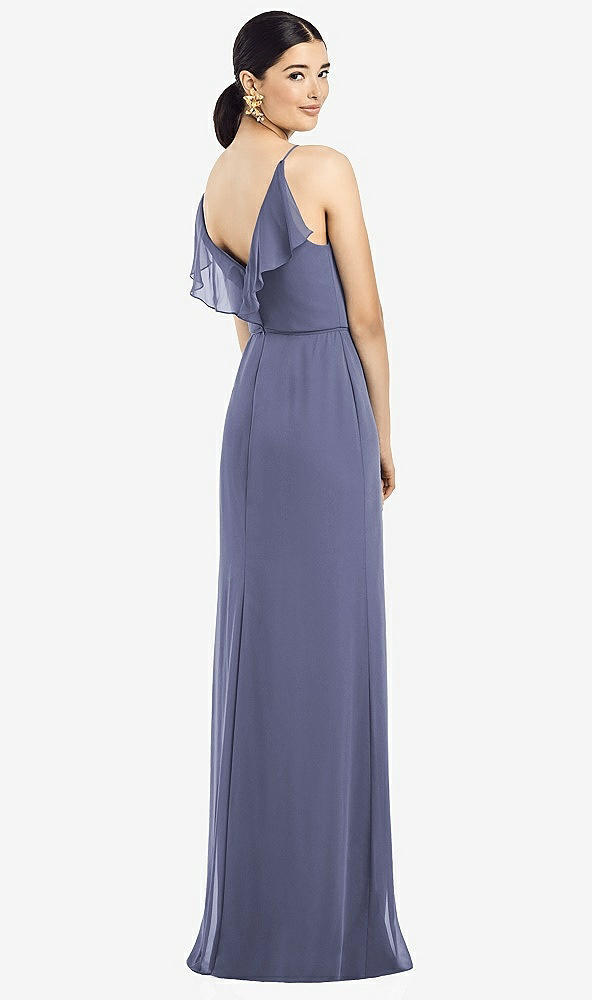 Front View - French Blue Ruffled Back Chiffon Dress with Jeweled Sash