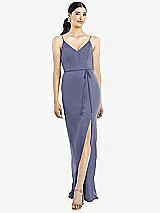 Rear View Thumbnail - French Blue Ruffled Back Chiffon Dress with Jeweled Sash