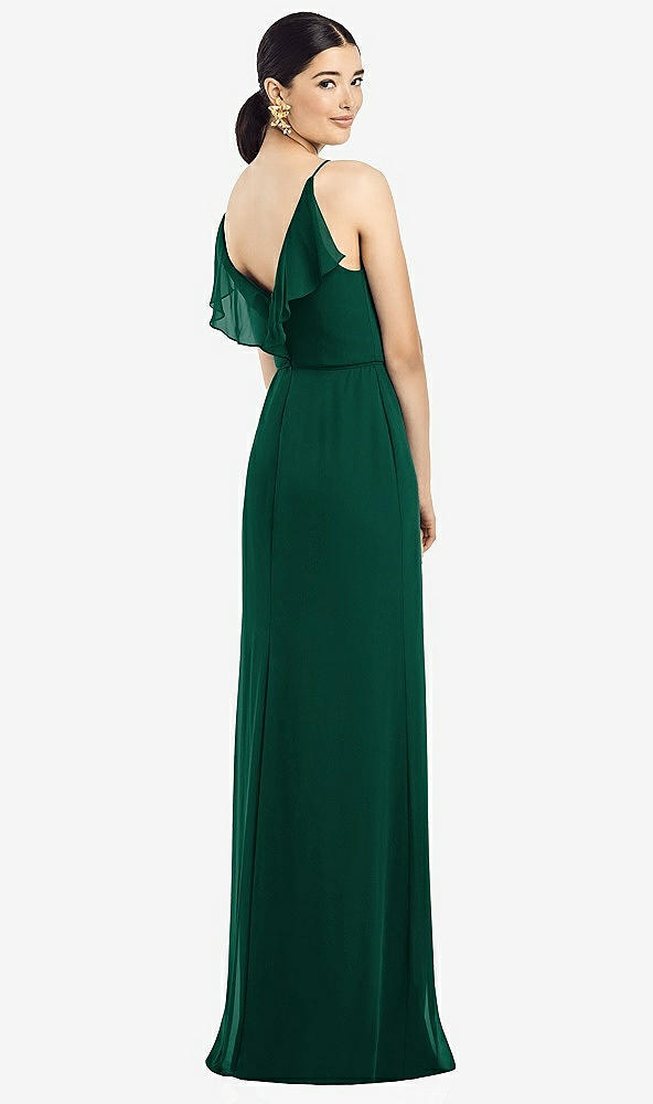 Front View - Hunter Green Ruffled Back Chiffon Dress with Jeweled Sash