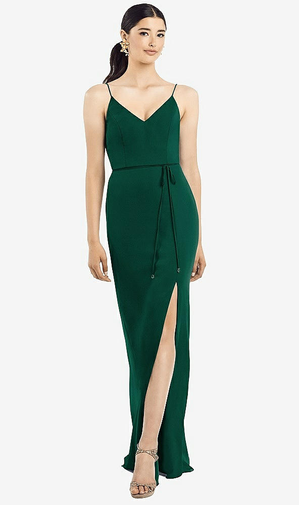 Back View - Hunter Green Ruffled Back Chiffon Dress with Jeweled Sash