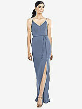 Rear View Thumbnail - Larkspur Blue Ruffled Back Chiffon Dress with Jeweled Sash