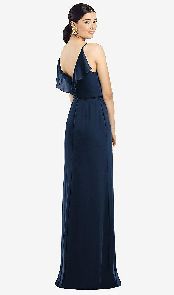 Front View - Midnight Navy Ruffled Back Chiffon Dress with Jeweled Sash