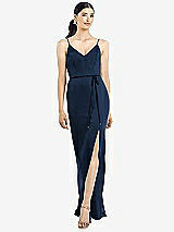 Rear View Thumbnail - Midnight Navy Ruffled Back Chiffon Dress with Jeweled Sash