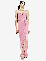 Rear View Thumbnail - Peony Pink Ruffled Back Chiffon Dress with Jeweled Sash