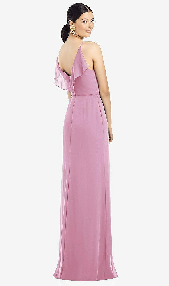 Front View - Powder Pink Ruffled Back Chiffon Dress with Jeweled Sash