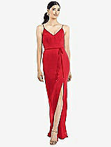 Rear View Thumbnail - Parisian Red Ruffled Back Chiffon Dress with Jeweled Sash