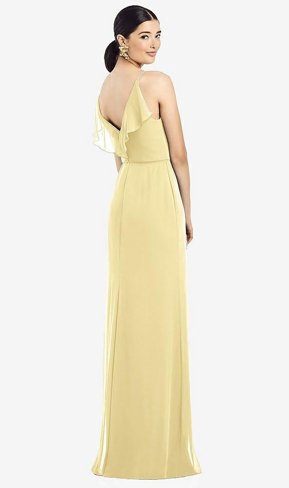 Front View - Pale Yellow Ruffled Back Chiffon Dress with Jeweled Sash