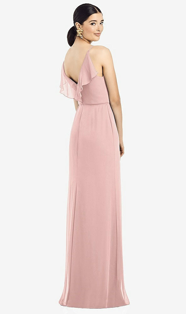 Front View - Rose - PANTONE Rose Quartz Ruffled Back Chiffon Dress with Jeweled Sash