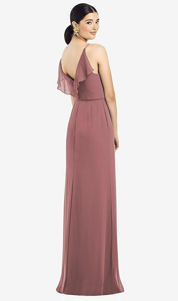 Front View - Rosewood Ruffled Back Chiffon Dress with Jeweled Sash