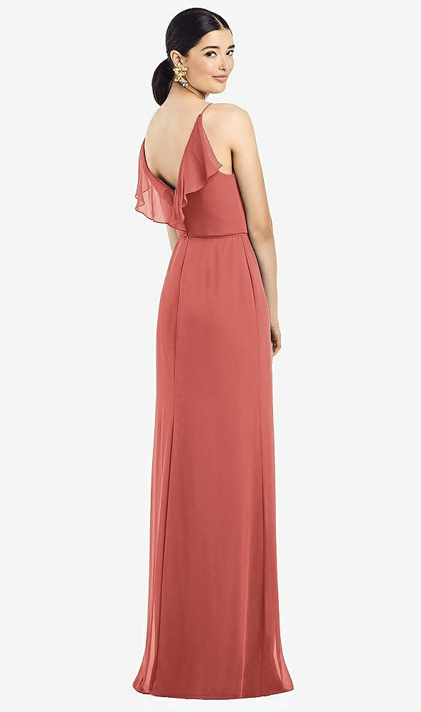 Front View - Coral Pink Ruffled Back Chiffon Dress with Jeweled Sash