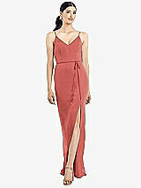 Rear View Thumbnail - Coral Pink Ruffled Back Chiffon Dress with Jeweled Sash