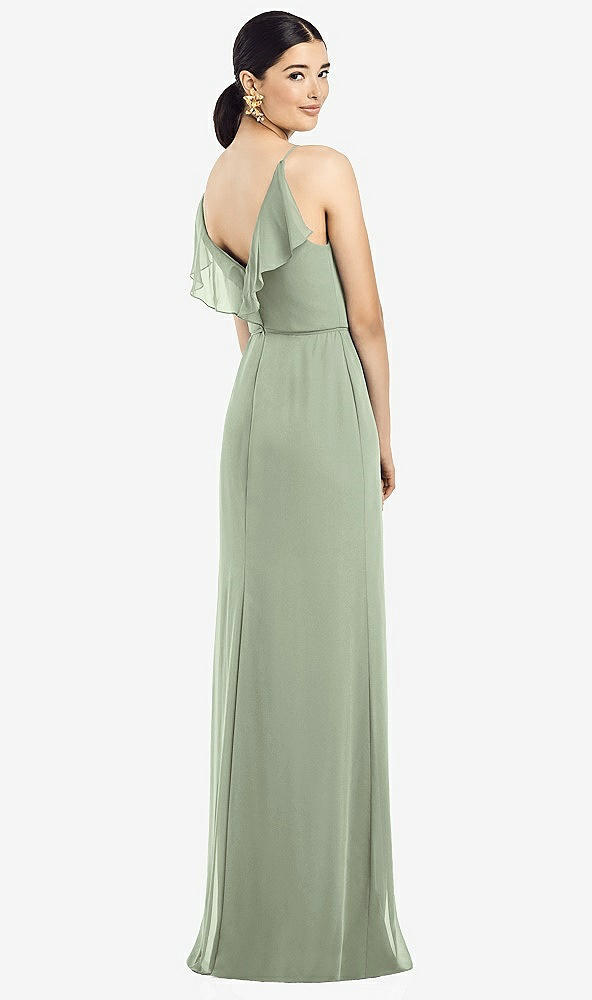 Front View - Sage Ruffled Back Chiffon Dress with Jeweled Sash