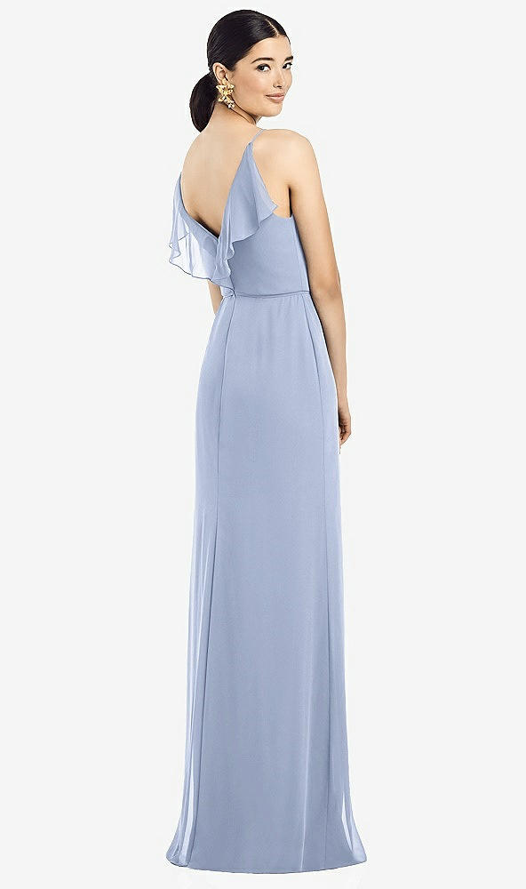 Front View - Sky Blue Ruffled Back Chiffon Dress with Jeweled Sash