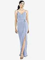 Rear View Thumbnail - Sky Blue Ruffled Back Chiffon Dress with Jeweled Sash