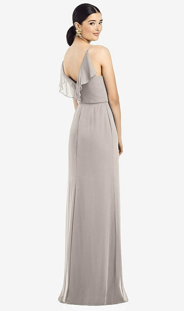 Front View - Taupe Ruffled Back Chiffon Dress with Jeweled Sash