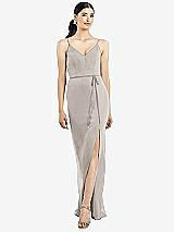 Rear View Thumbnail - Taupe Ruffled Back Chiffon Dress with Jeweled Sash