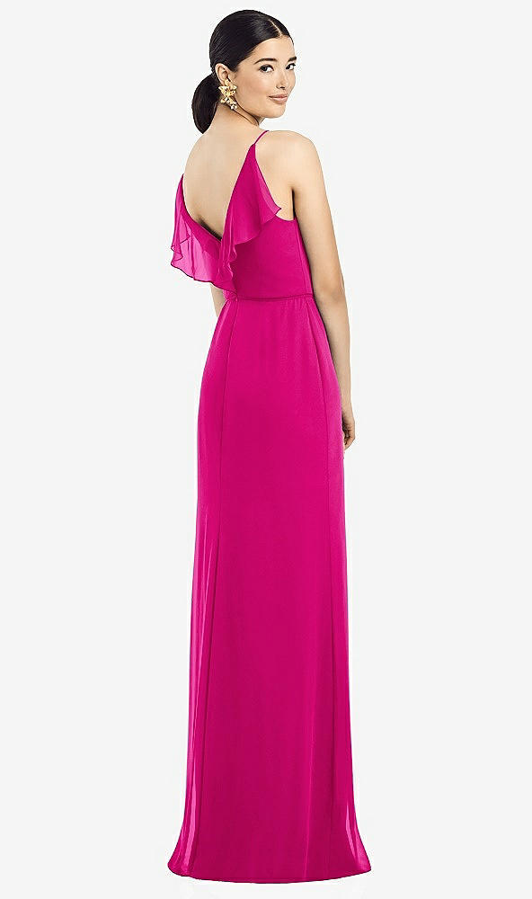 Front View - Think Pink Ruffled Back Chiffon Dress with Jeweled Sash