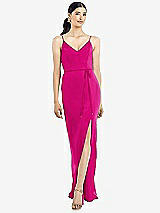 Rear View Thumbnail - Think Pink Ruffled Back Chiffon Dress with Jeweled Sash