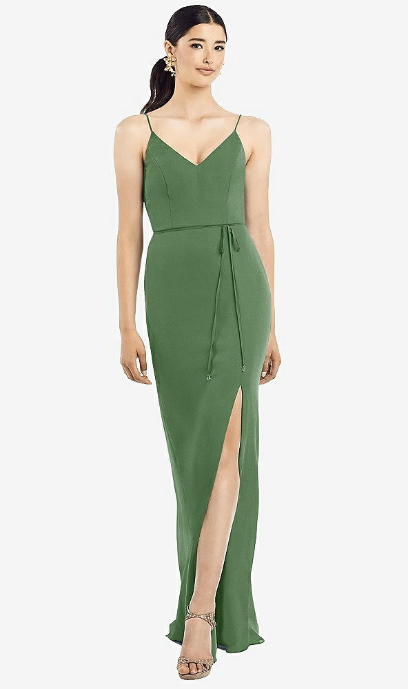 Back View - Vineyard Green Ruffled Back Chiffon Dress with Jeweled Sash