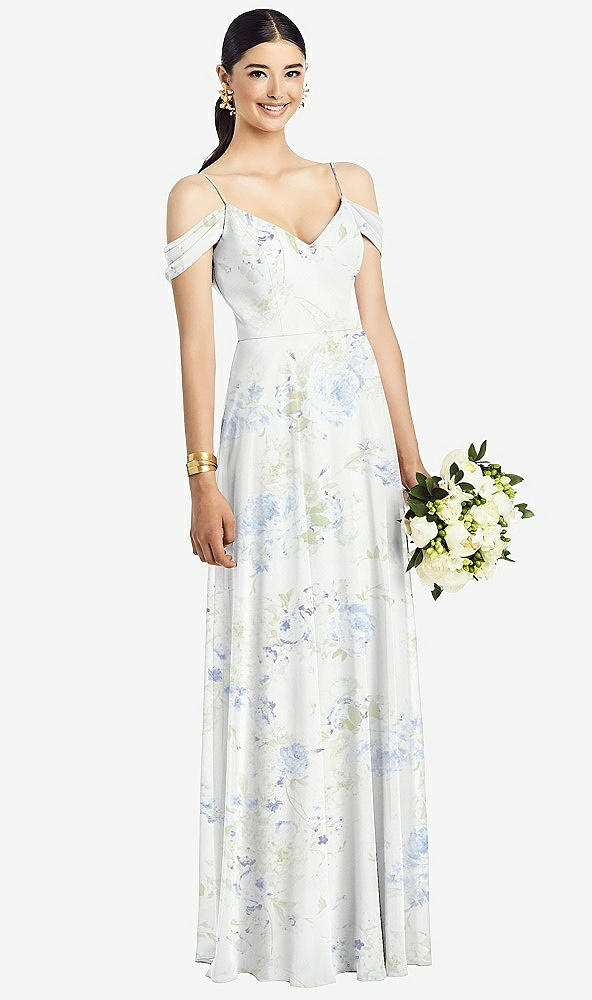 Front View - Bleu Garden Cold-Shoulder V-Back Chiffon Maxi Dress