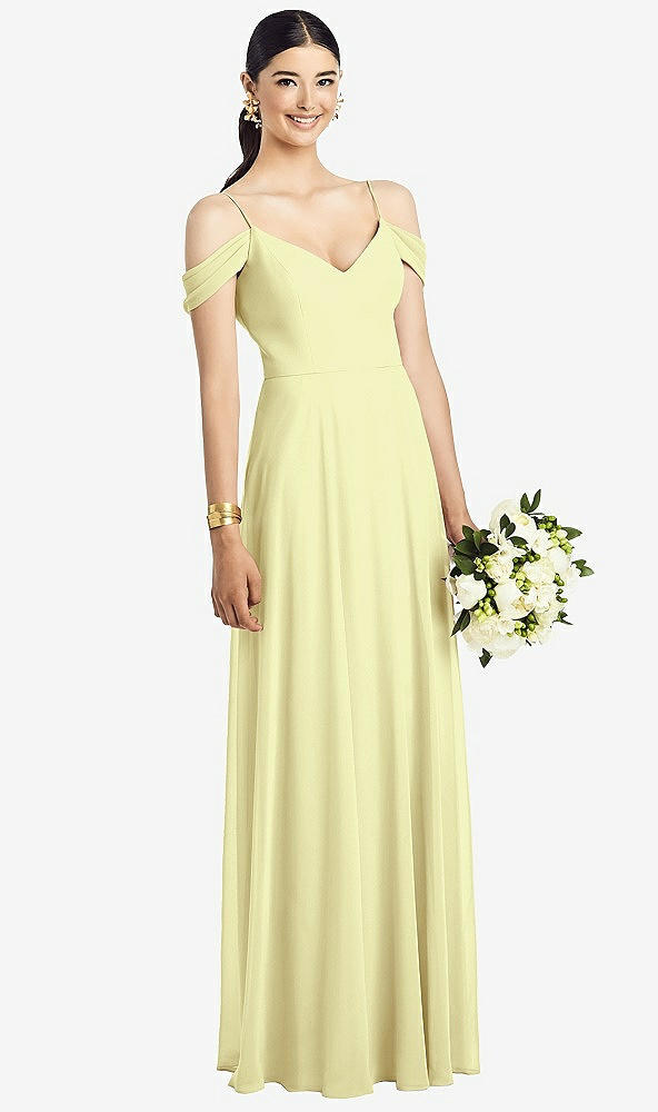 Front View - Butter Yellow Cold-Shoulder V-Back Chiffon Maxi Dress