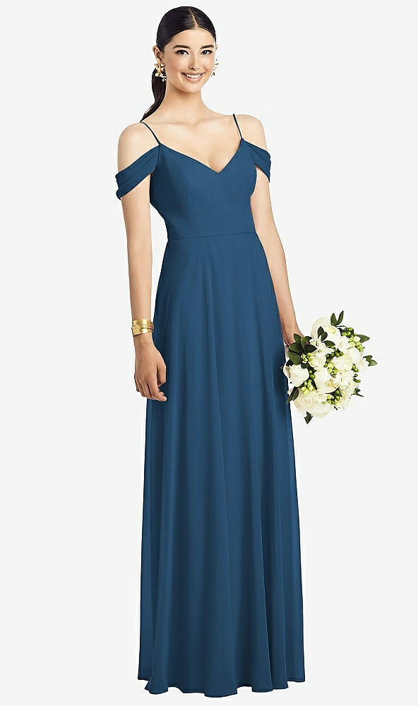 Front View - Dusk Blue Cold-Shoulder V-Back Chiffon Maxi Dress