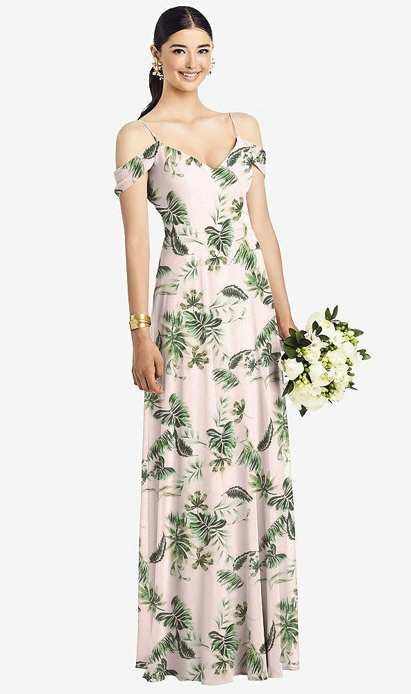 Front View - Palm Beach Print Cold-Shoulder V-Back Chiffon Maxi Dress