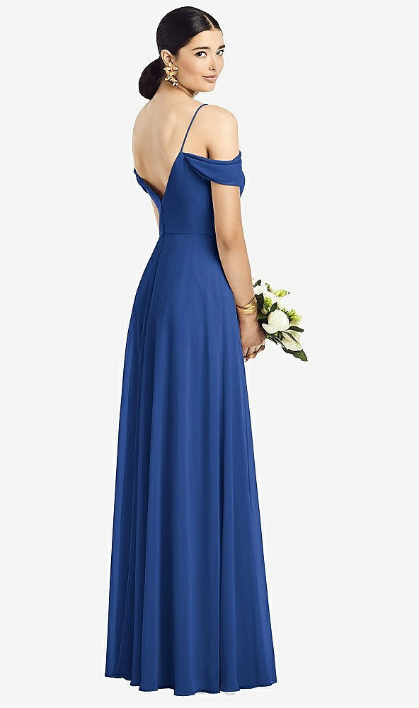 Back View - Classic Blue Cold-Shoulder V-Back Chiffon Maxi Dress