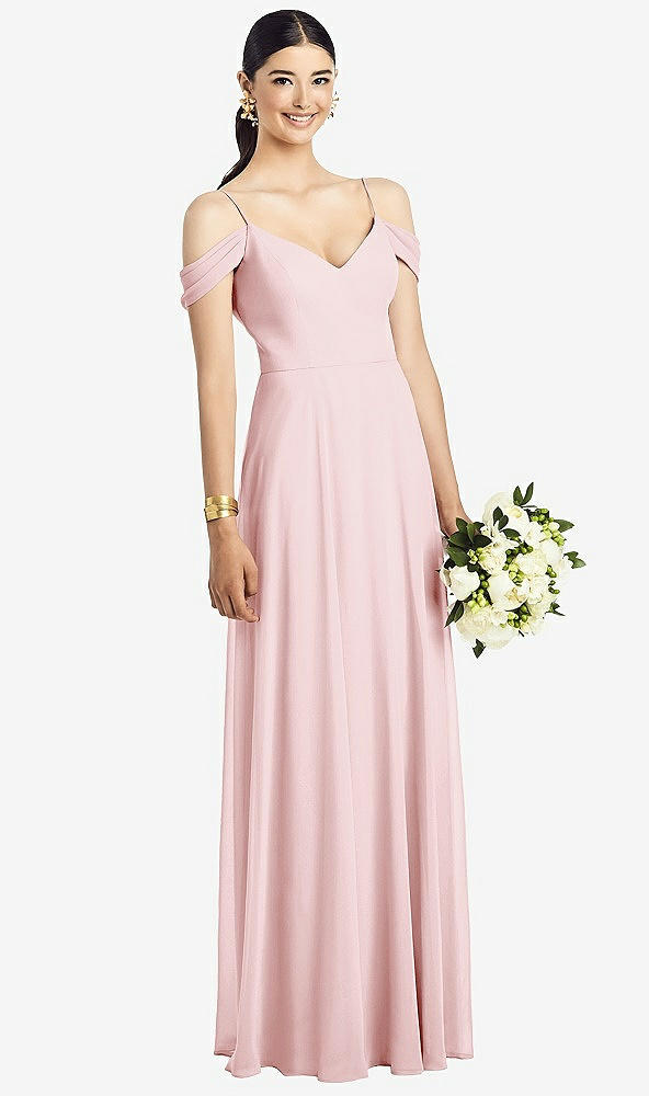 Front View - Ballet Pink Cold-Shoulder V-Back Chiffon Maxi Dress