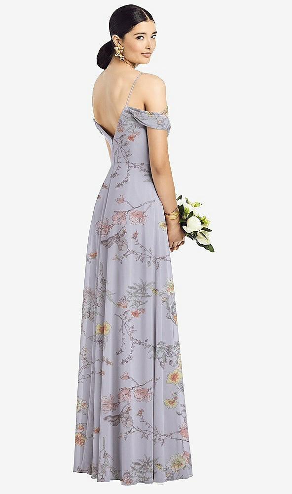 Back View - Butterfly Botanica Silver Dove Cold-Shoulder V-Back Chiffon Maxi Dress