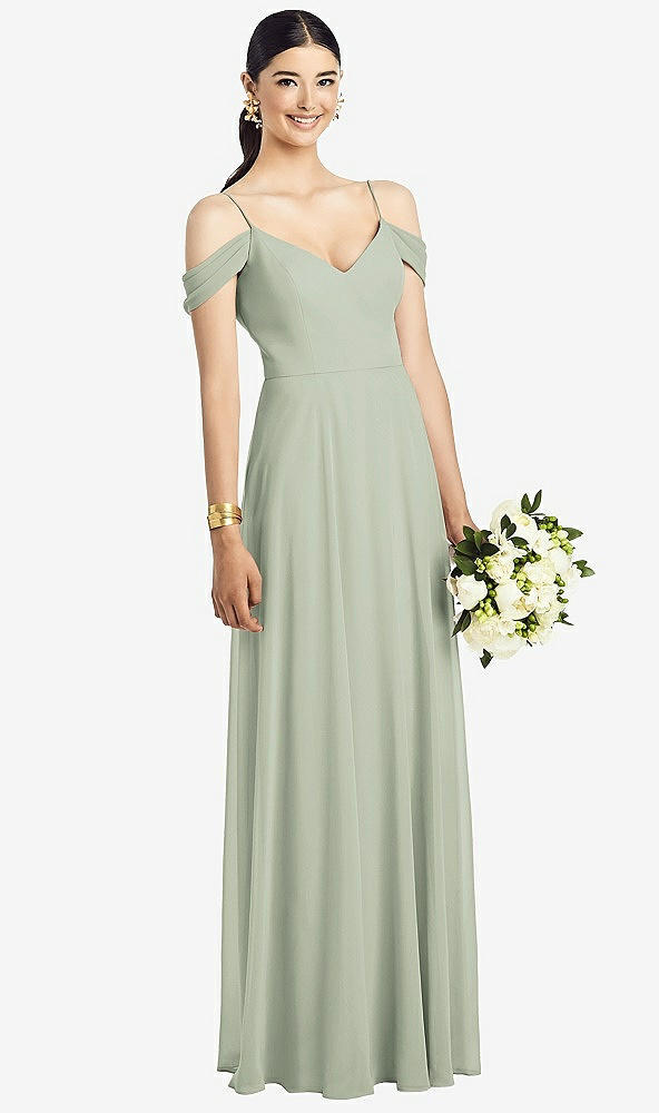 Front View - Celadon Cold-Shoulder V-Back Chiffon Maxi Dress