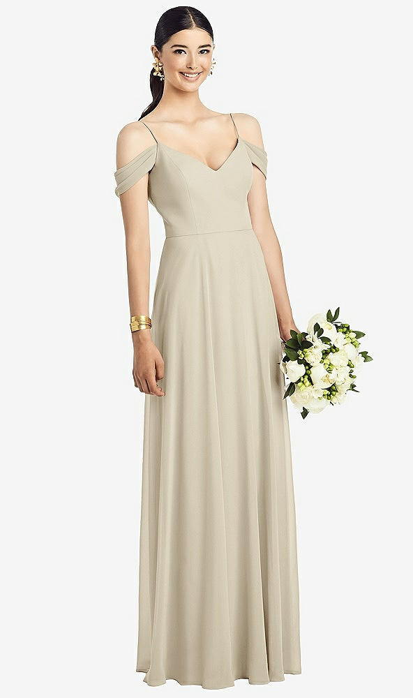 Front View - Champagne Cold-Shoulder V-Back Chiffon Maxi Dress