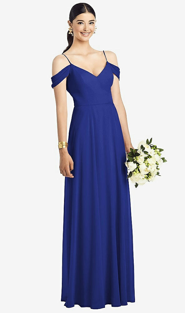 Front View - Cobalt Blue Cold-Shoulder V-Back Chiffon Maxi Dress